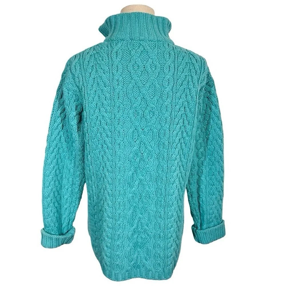 Aran Crafts 100% Merino Wool Turquoise Cable Knit 1/4 Zip Turtleneck Sweater